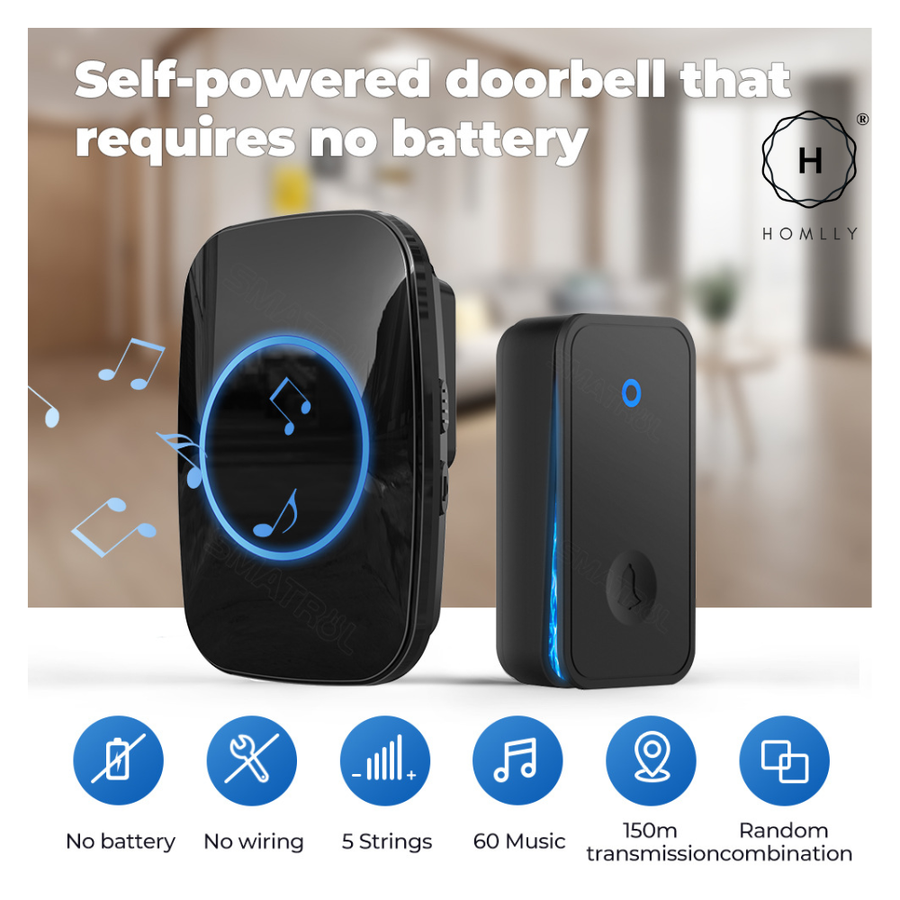 Homlly Self-Powered Wireless Waterproof Electric Door Bells with 60 Chimes & 5-Level Volume LED Flash