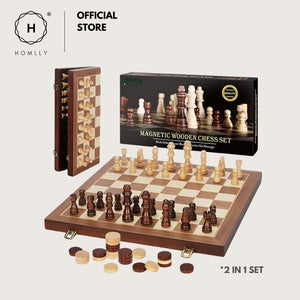 Homlly 2 in 1 Magnetic Wooden Chess & Checkers Board Game Tournament Chessboard