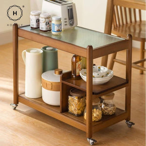 Homlly ika 3 Tier Mobile Push Cart Trollery Coffee Wine Drinks Side Table with Glass Top and 4 Wheels
