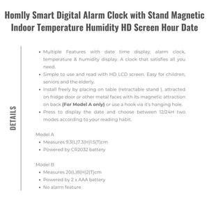 Homlly Smart Digital Alarm Clock with Stand Magnetic Attraction Indoor Temperature Humidity HD Screen Hour Date