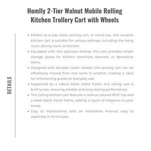Homlly 2-Tier Walnut Mobile Rolling Kitchen Trollery Cart with Wheels