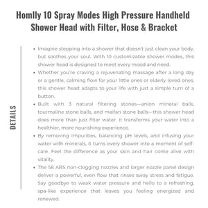 Homlly 10 Spray Modes High Pressure Handheld Shower Head with Filter, Hose & Bracket