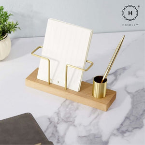 Homlly Keii Gold Brass Paper Napkin Stand Tissue Holder Organizer with Solid Wood Base