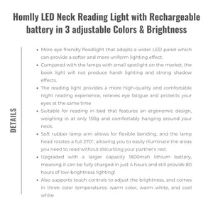Homlly LED Neck Reading Light with 1800mah Rechargeable battery in 3 adjustable Colors & Brightness