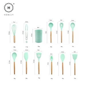 Homlly Silicone Cooking Kitchen 12 PCS Acacia Wooden Utensils Tool (BPA Free)