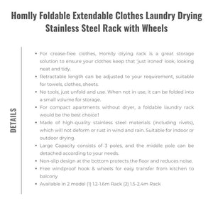 Homlly Foldable Extendable Clothes Laundry Drying Stainless Steel Rack with Wheels