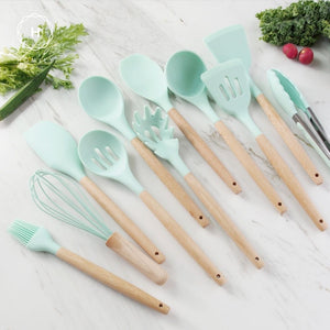 Homlly Silicone Cooking Kitchen 12 PCS Acacia Wooden Utensils Tool (BPA Free)