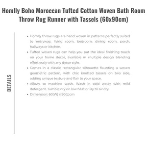 Homlly Boho Moroccan Tufted Cotton Woven Bath Room Throw Rug Runner with Tassels (60x90cm)