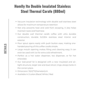 Homlly Ito Double Insulated Stainless Steel Thermal Carafe (880ml)