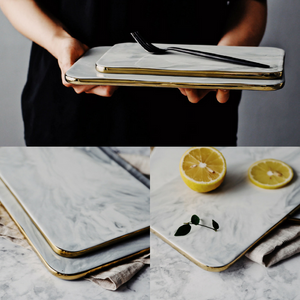 Homlly Gold Rim Marble Print Ceramic Serving Food Jewellery Display Plate Tray