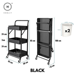 Homlly 3 Tier Foldable Metal Rolling Cart with Handle and Wheels
