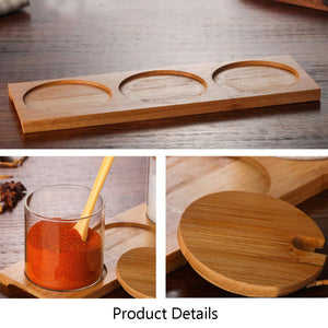 Homlly Glass Condiment Canisters Pots with Wooden Spoon Lid and Base