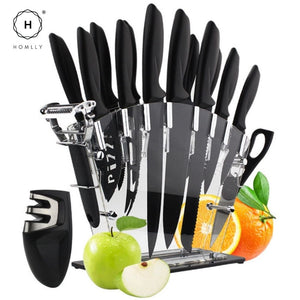 Homlly 17pc Stainless Steel Knife Set with Block, Anti-rusting Sharp Serrated Steak Knives with Acrylic Stand