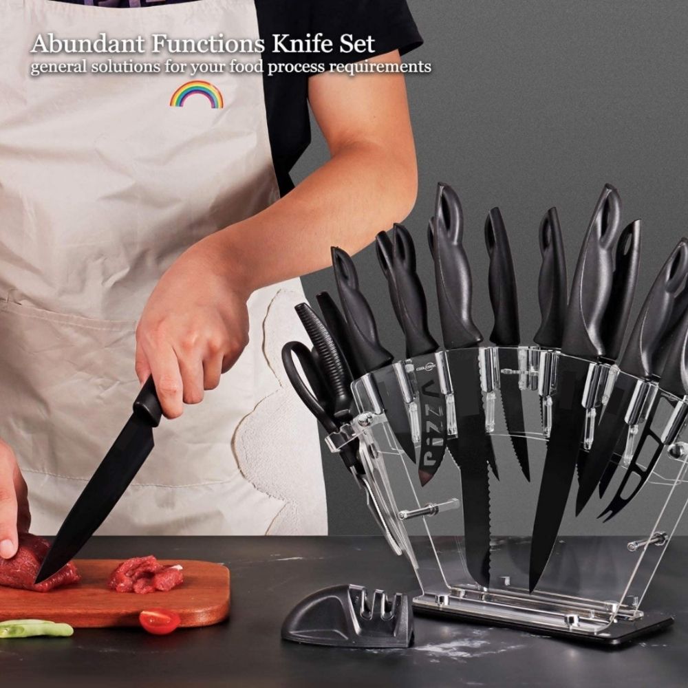 Home Hero 17 Pieces Kitchen Knives Set, 13 Stainless Steel Knives + Acrylic  Stand, Scissors, Peeler and Knife Sharpener ( Stainless Steel Blades ) 