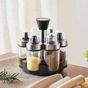 Homlly Rotary Glass Condiment Spice Bottle Stand Set (6pcs）