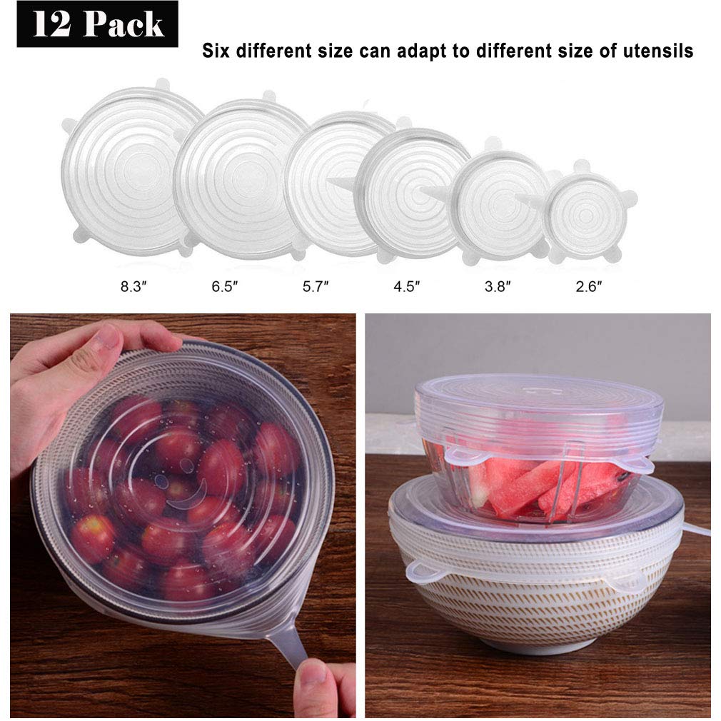 Silicone Stretch Lids Rectangle 12-Pack, Reusable Food Container Lids,  BPA-Free, Eco-Friendly Bowl Covers, Microwave, Oven & Dishwasher Safe