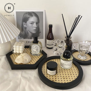 Homlly Nordic Decorative PE Rattan Wooden Serving Tray