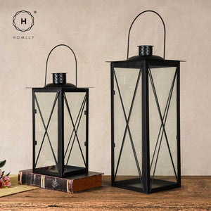 Homlly Candle Faux Plants Black Metal & Glass indoor Lantern