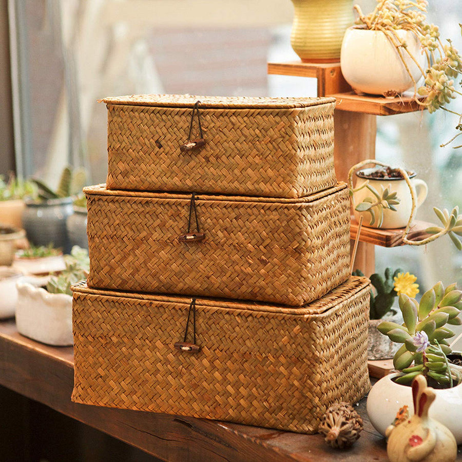 Homlly Handmade Woven Straw Storage boxes w lids (3 pcs sets) - Homlly