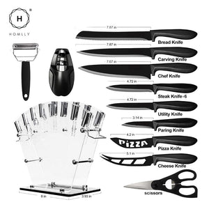 Homlly 17pc Stainless Steel Knife Set with Block, Anti-rusting Sharp Serrated Steak Knives with Acrylic Stand