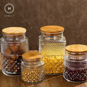 Homlly Qutto Embossed Food Storage Glass Containers with Bamboo Lid