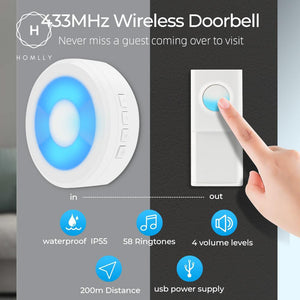 Homlly IP55 Wireless Waterproof Home Doorbell With 58 Melodies
