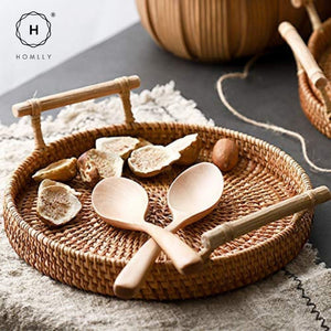 Homlly Round Rattan Serving Tray Platter with Handle