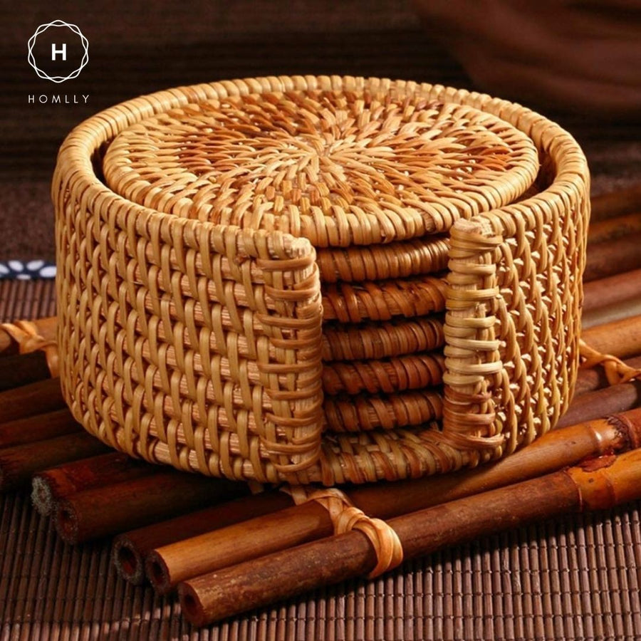 Homlly 100% Natural eco-friendly Hand Made Rattan Coaster Set (6pcs) with Coaster Box