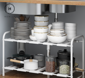 Homlly Under Sink 2 Tier Expandable Shelf Rack with Removable Panels