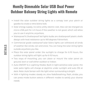 Homlly Dimmable Solar USB Dual Power Outdoor Balcony String Lights with Remote