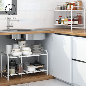 Homlly Under Sink 2 Tier Expandable Shelf Rack with Removable Panels