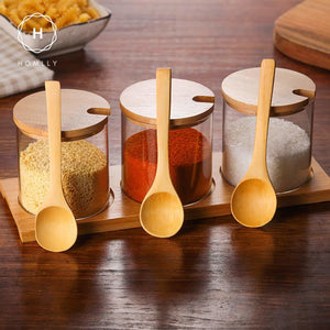 Homlly Glass Condiment Canisters Pots with Wooden Spoon Lid and Base