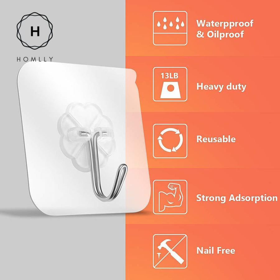 Homlly Transparent Reusable Seamless Wall Hooks (10pcs)